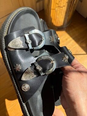 Vittorio Black Leather Double-Strap Slide Sandals with Silver Buckles